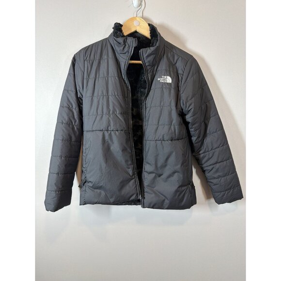 The North Face Girls Reversible Jacket Black Size L 14/16 Puffer Fuzzy Long Slee - Picture 1 of 7